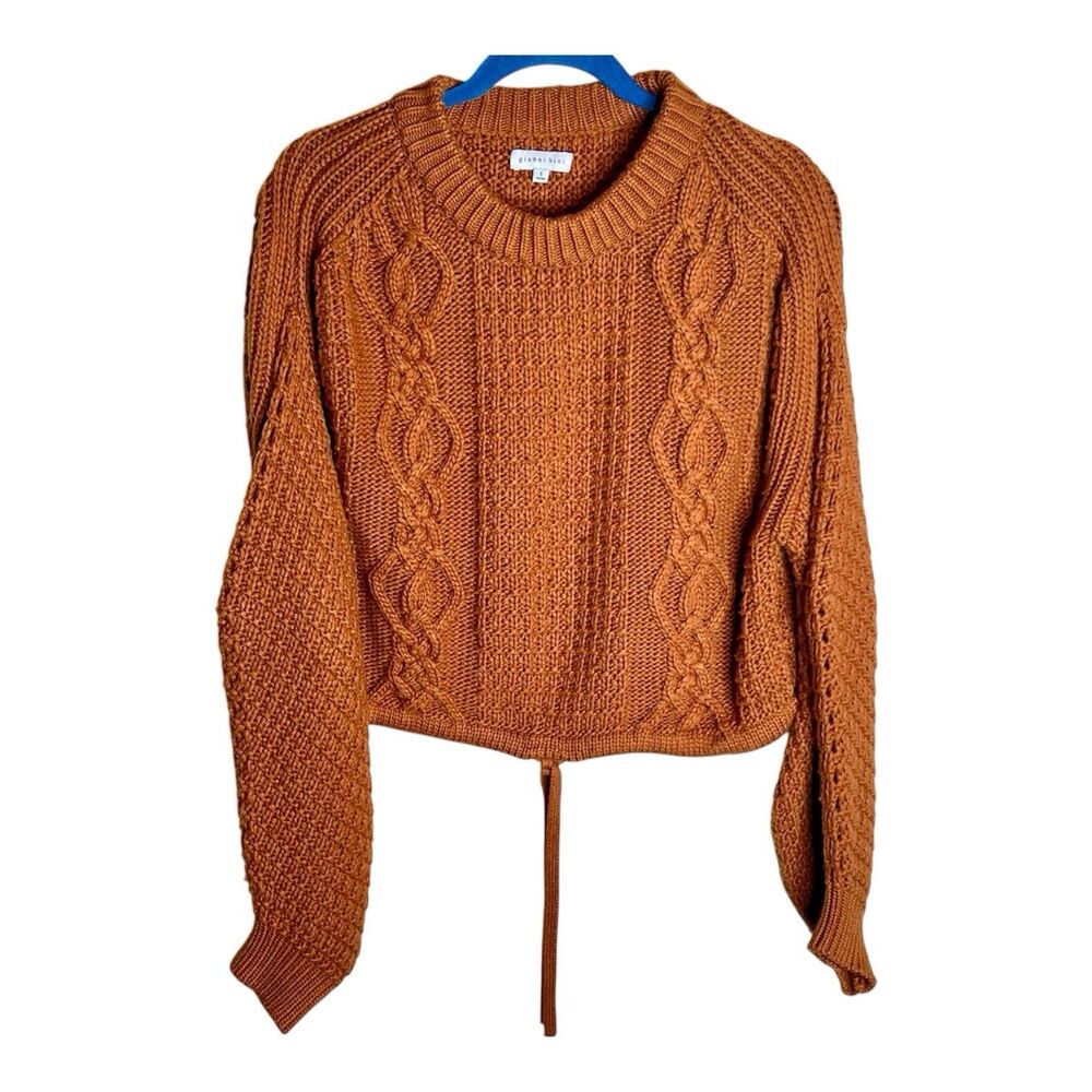 Gianni Bini Rust Cable Knit Cropped Sweater Sz S Drawstring Hem Dropped Sleeves